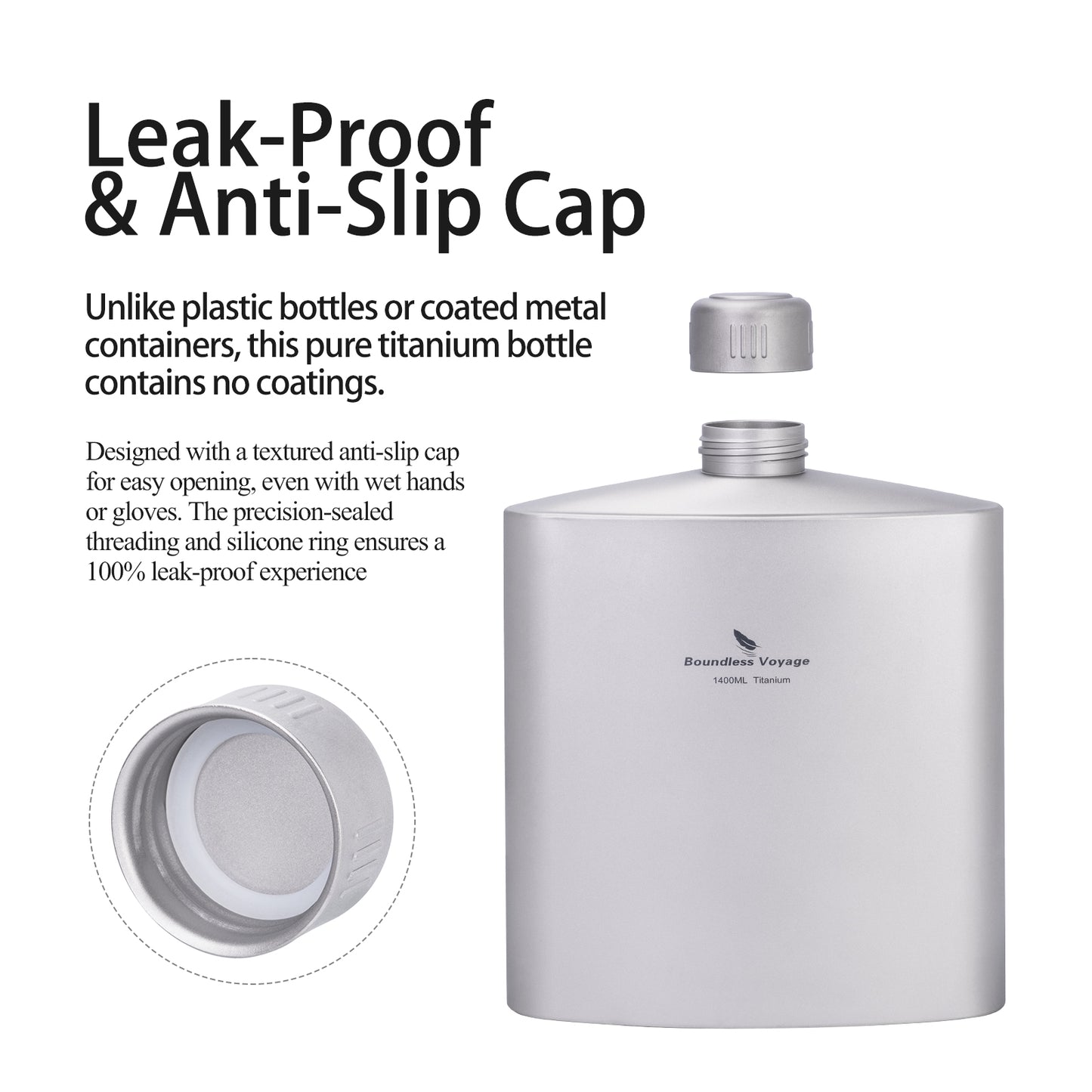 Boundless Voyage 1.4L Titanium Water Bottle, Leakproof Anti-Slip Cap for Camping Hiking Everyday Use Ti3008D
