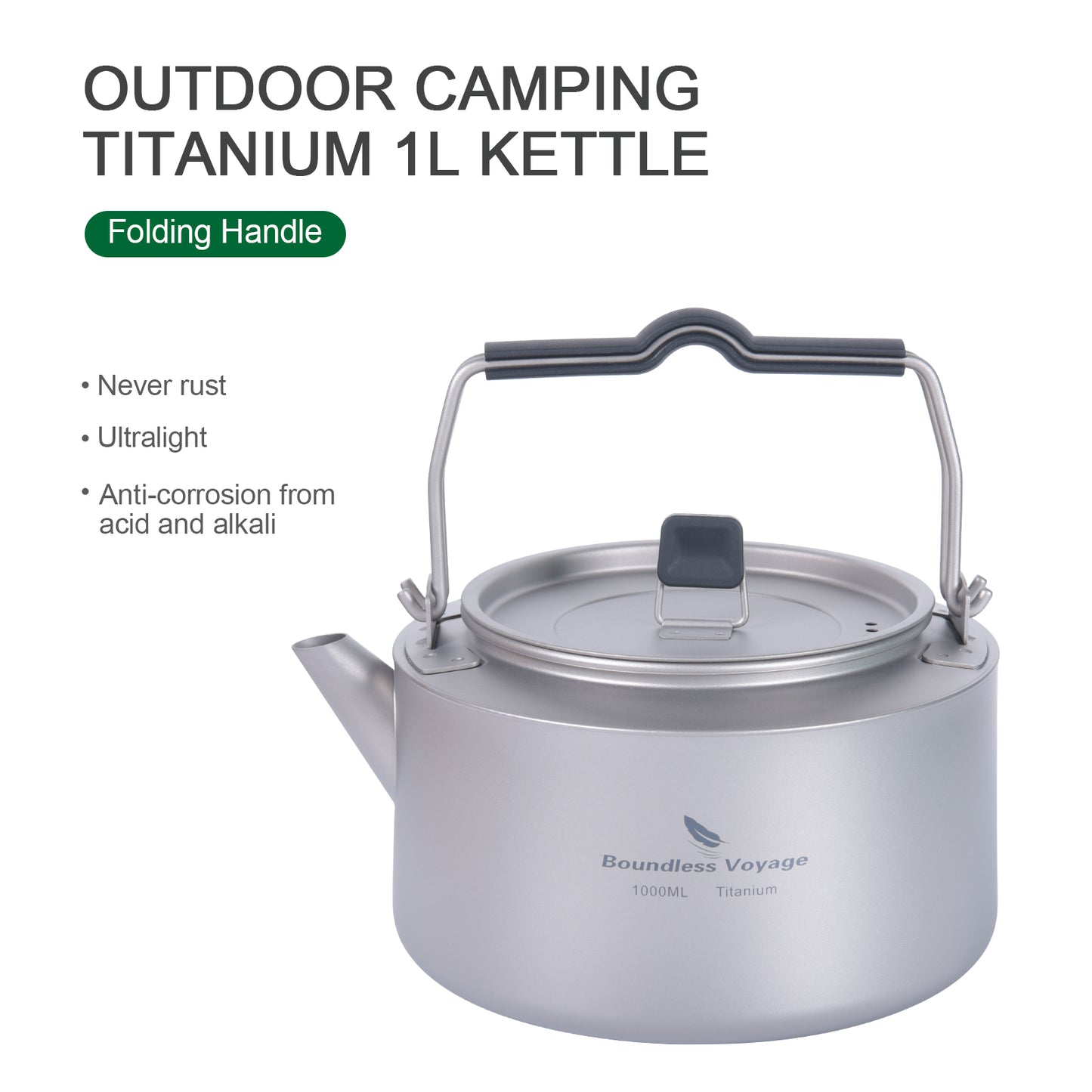 Boundless Voyage 1L Pure Titanium Camping Kettle | Ultralight Coffee Teapot with Foldable Handle & Tea Filter for Boiling Water, Coffee & Tea Ti3098D