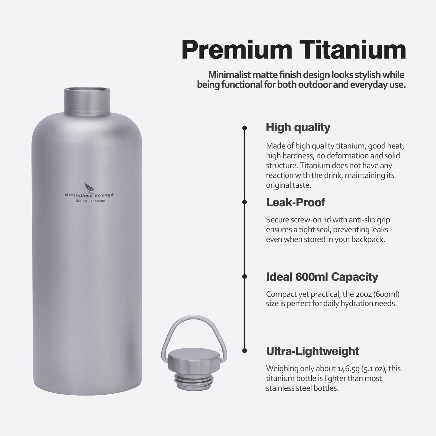 Boundless Voyage Titanium Water Bottle 600ml Ultralight Leak-Proof Lid, Durable & Corrosion Resistant, for Hiking, Camping, Travel & Everyday Use Ti3009D