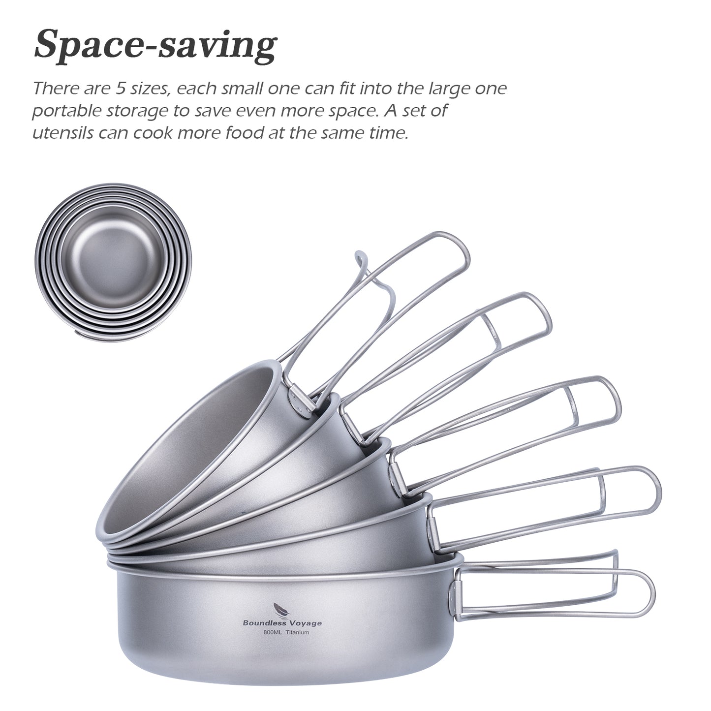 Boundless Voyage 5Pcs Pure Titanium Bowl Set with Foldable Handles, Portable Outdoor Camping Tableware Plates Dishes, 350/500/600/700/800ml Ti1096T
