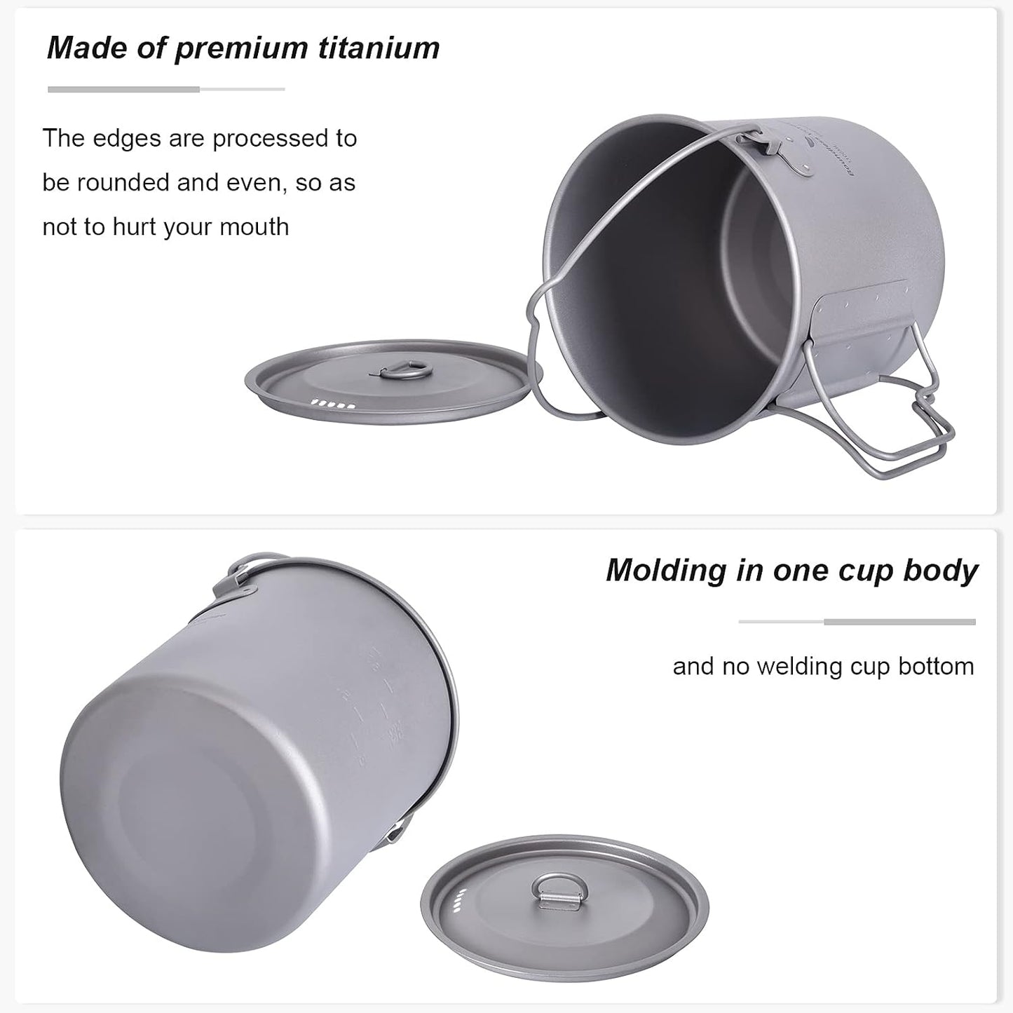 Boundless Voyage 1100ml Titanium Pot with Lid, Foldable Bail Handle Camping Cook Pot for Hiking Backpacking Ti3041D