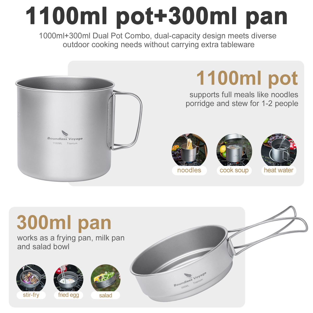 Ti2053C titanium pot 1100ml and 300ml pan stacked together