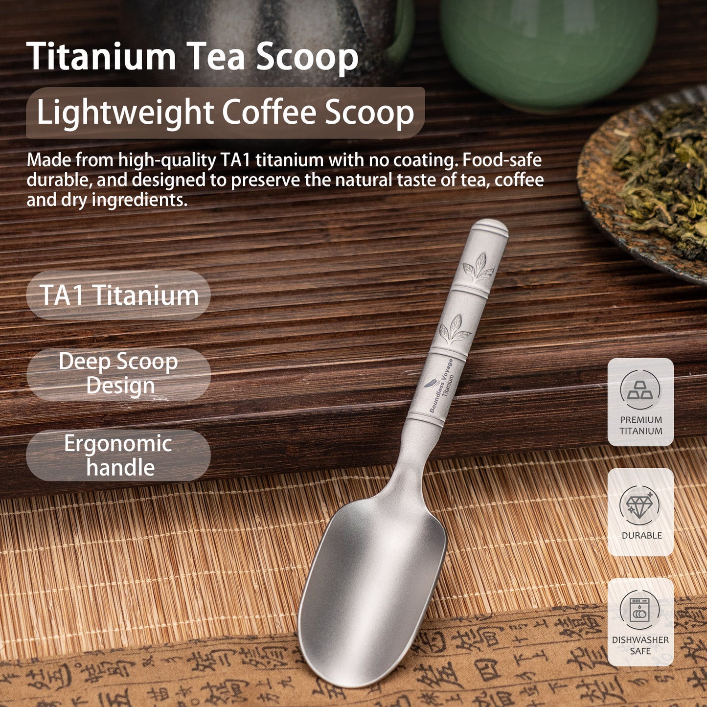 Boundless Voyage Titanium Tea Scoop, Lightweight Coffee Scoop for Camping Travel Home Outdoor Tableware with Carry Bag , Dishwasher Safe Ti1135T