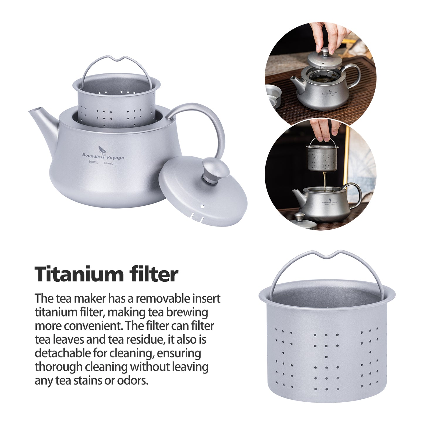 Boundless Voyage 300ml Titanium Teapot, Ultralight Portable Reusable Travel Water Pot, Compact Drinkware for Home Office, Outdoor Camping, Hiking & Picnic Ti3118D/Ti3119D