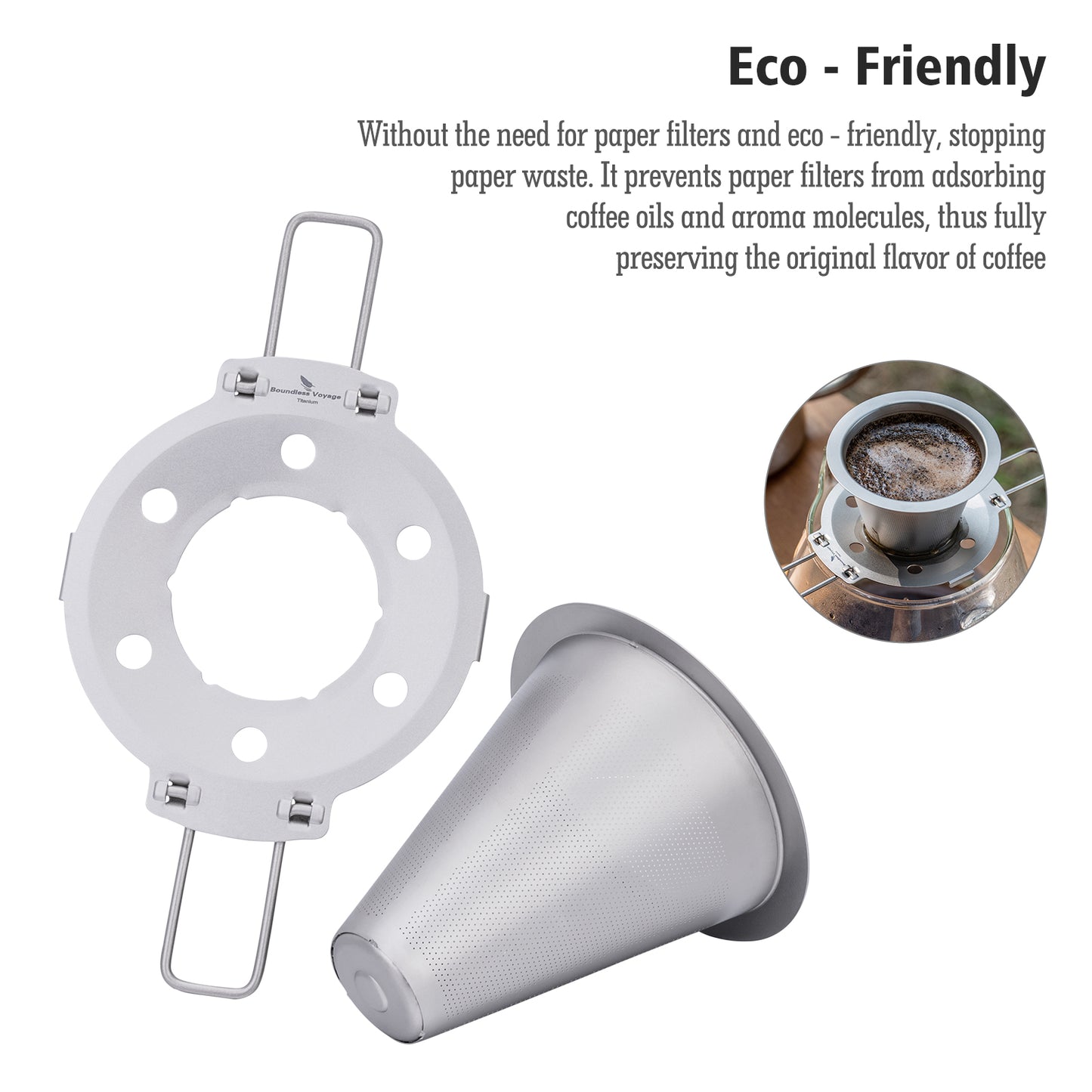 Boundless Voyage Titanium Pour Over Coffee Dripper, Paperless Reusable Metal Cone Coffee Filter with Foldable Holder, Portable Coffee Maker for Home Office Outdoor Travel Camping Ti6004P