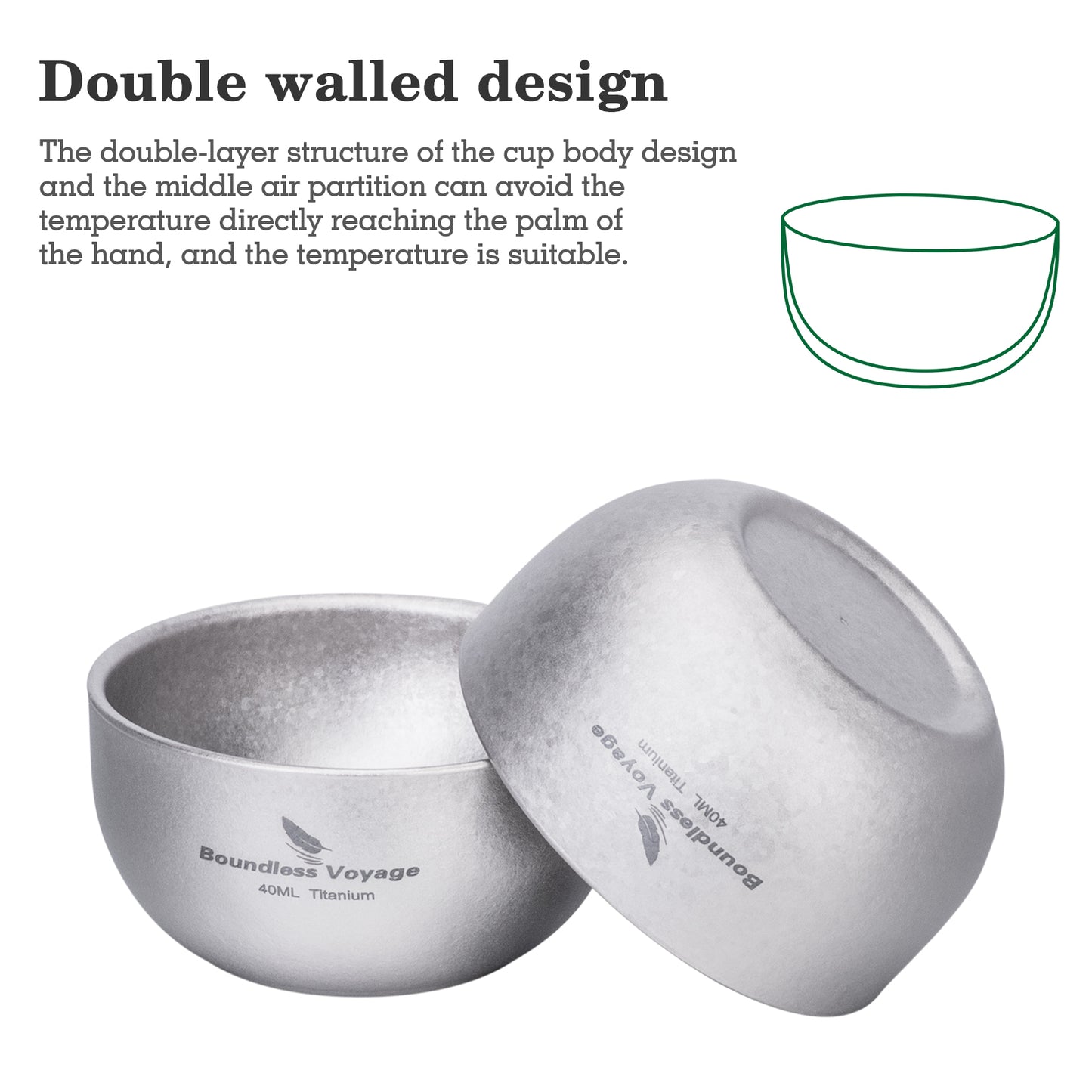 Boundless Voyage 40ml High-Temp Crystalline Finish Double-Wall Titanium Sake Cup & Kung Fu Tea Cup, Portable Mini Mug for Camping, Picnic & Daily Home Use Ti3204D