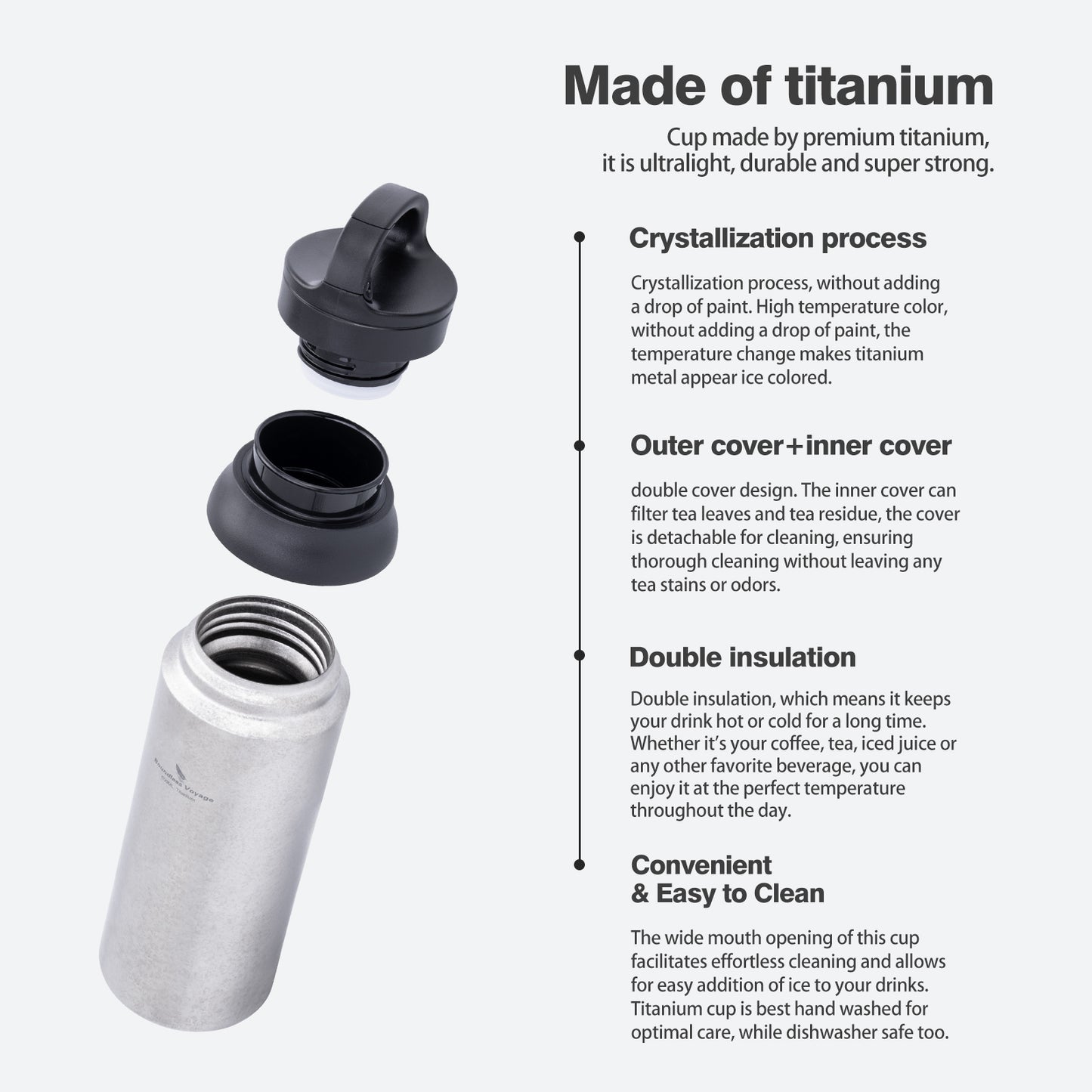 Boundless Voyage Titanium Double-Walled Cup Insulated Bottle 600ml Portable Reusable Travel Coffee Tea Mug for Hot and Cold Beverages Ti3010D