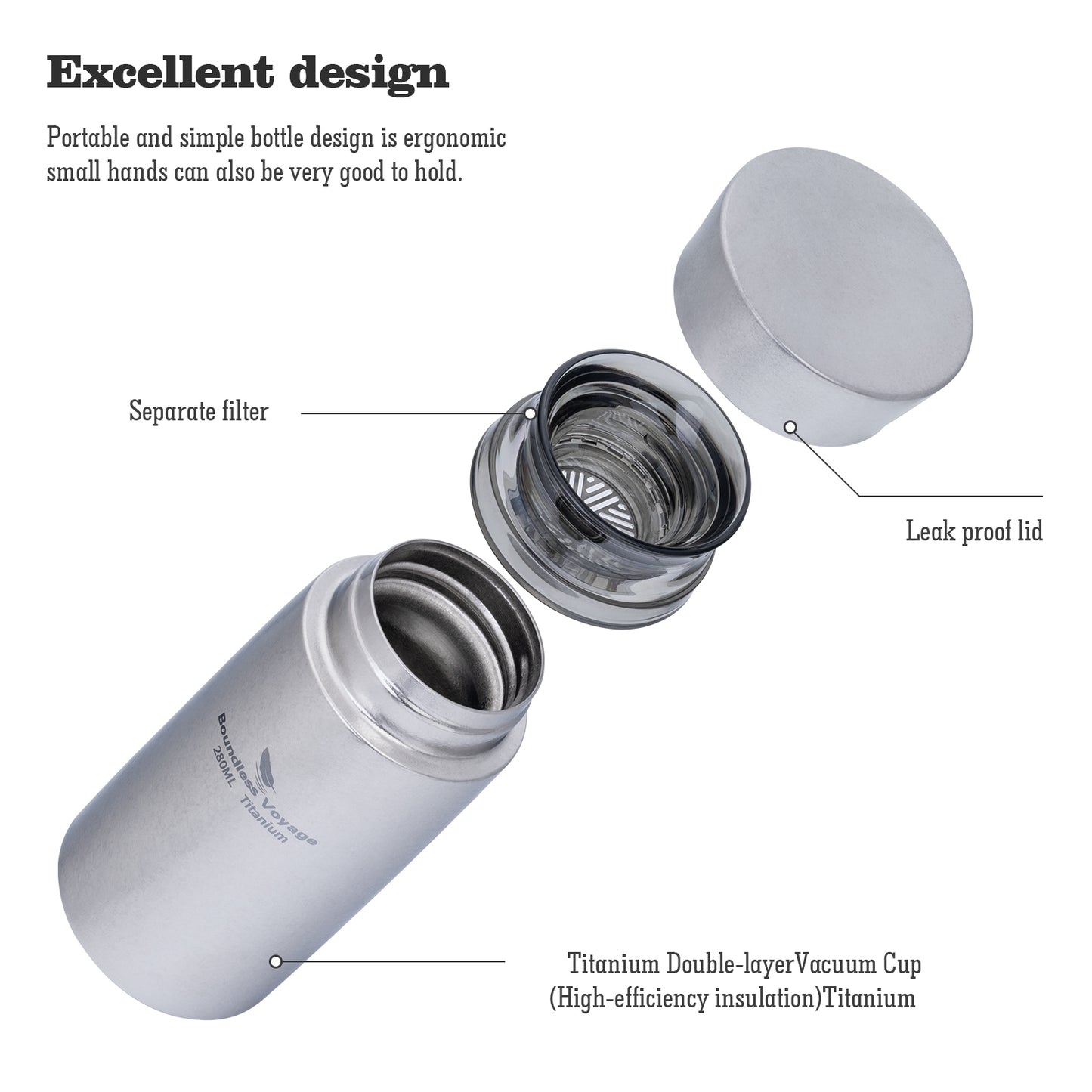 Boundless Voyage 280ml Mini Titanium Vacuum Insulated Bottle , Portable Travel Coffee Water Cup for Girls &amp; Daily Outdoor Ti3014D