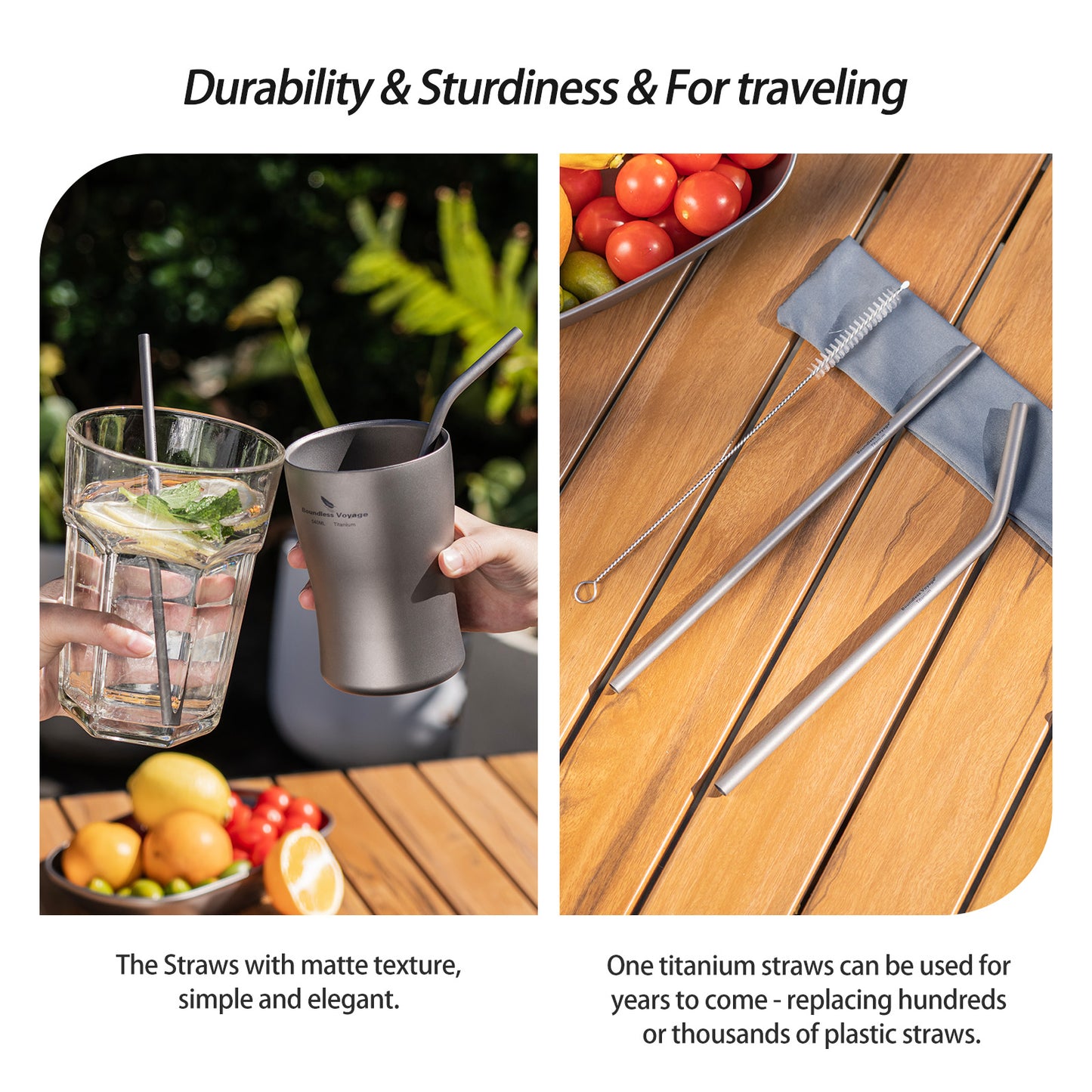 Boundless Voyage Reusable Titanium Straws, Straight & Curved Metal Drinking Straw Kit with Cleaning Brush & Storage Bag, Non-Disposable Eco-Friendly Drinkware for Home Travel Camping Ti1018T
