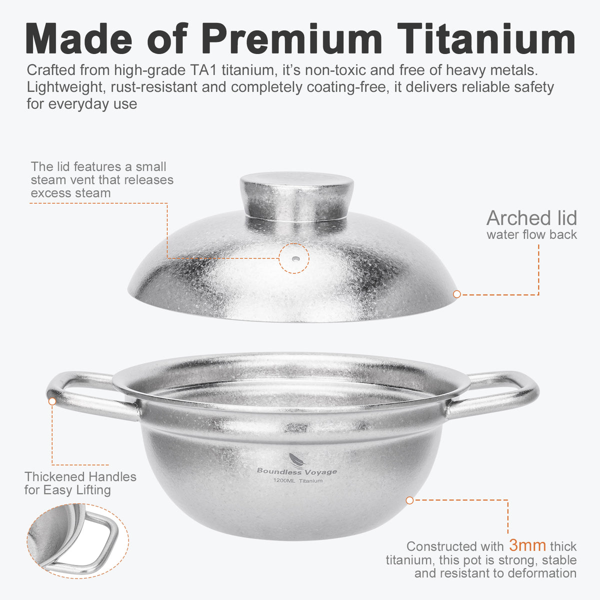 Made of premium TA1 titanium features diagram including arched lid steam vent and 3mm thick wall on Boundless Voyage Ti2118C