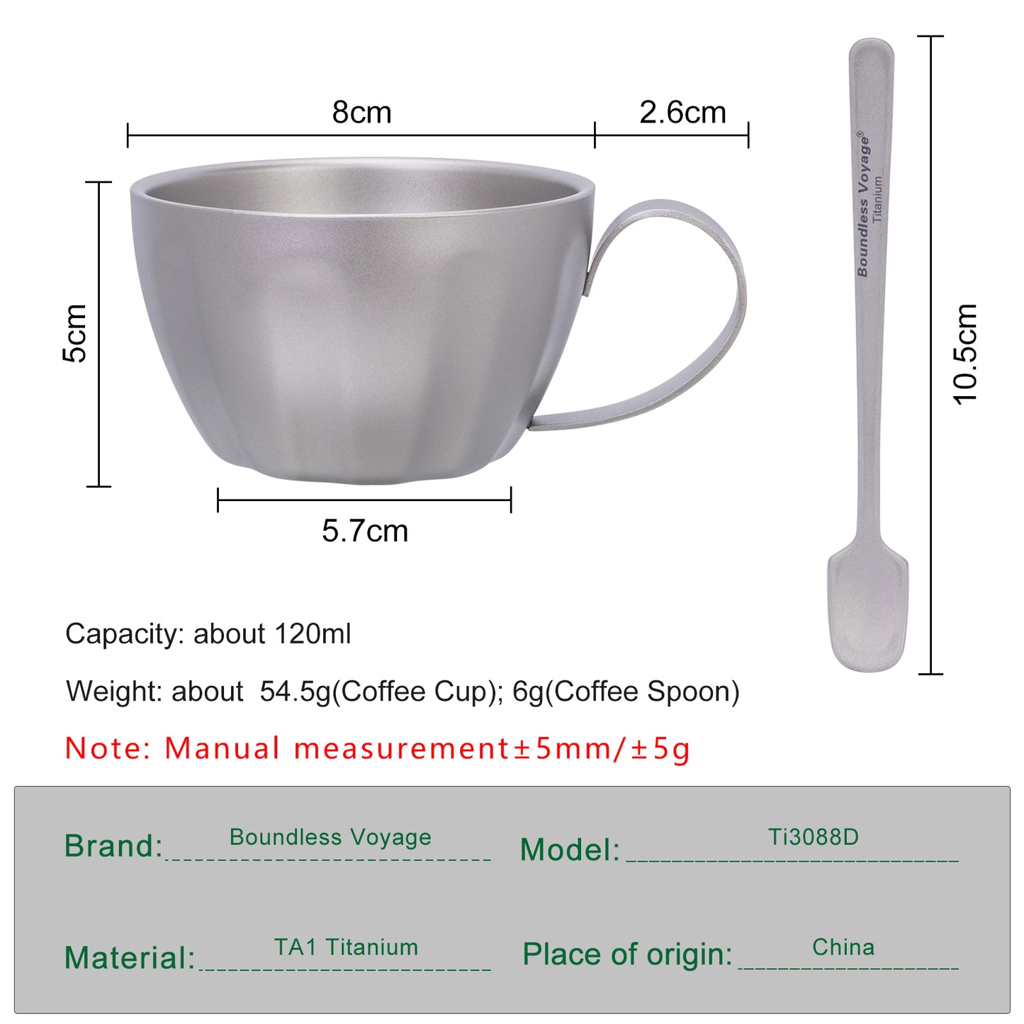 Boundless Voyage 120ml Titanium Espresso Cup, Double‑Wall Heat‑Insulated Coffee Mug with Fixed‑Handle, Compact Light‑Weight for Home, Office, Travel and Camping Ti3088D