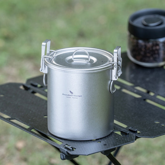 Boundless Voyage Crystalline Finish Titanium Camping Rice Cooker Pot, 1.4L Outer Pot + 0.9L Inner Container with Silicone Seal & Foldable Handle, Ultralight Cookware for Hiking Travel Ti2093C