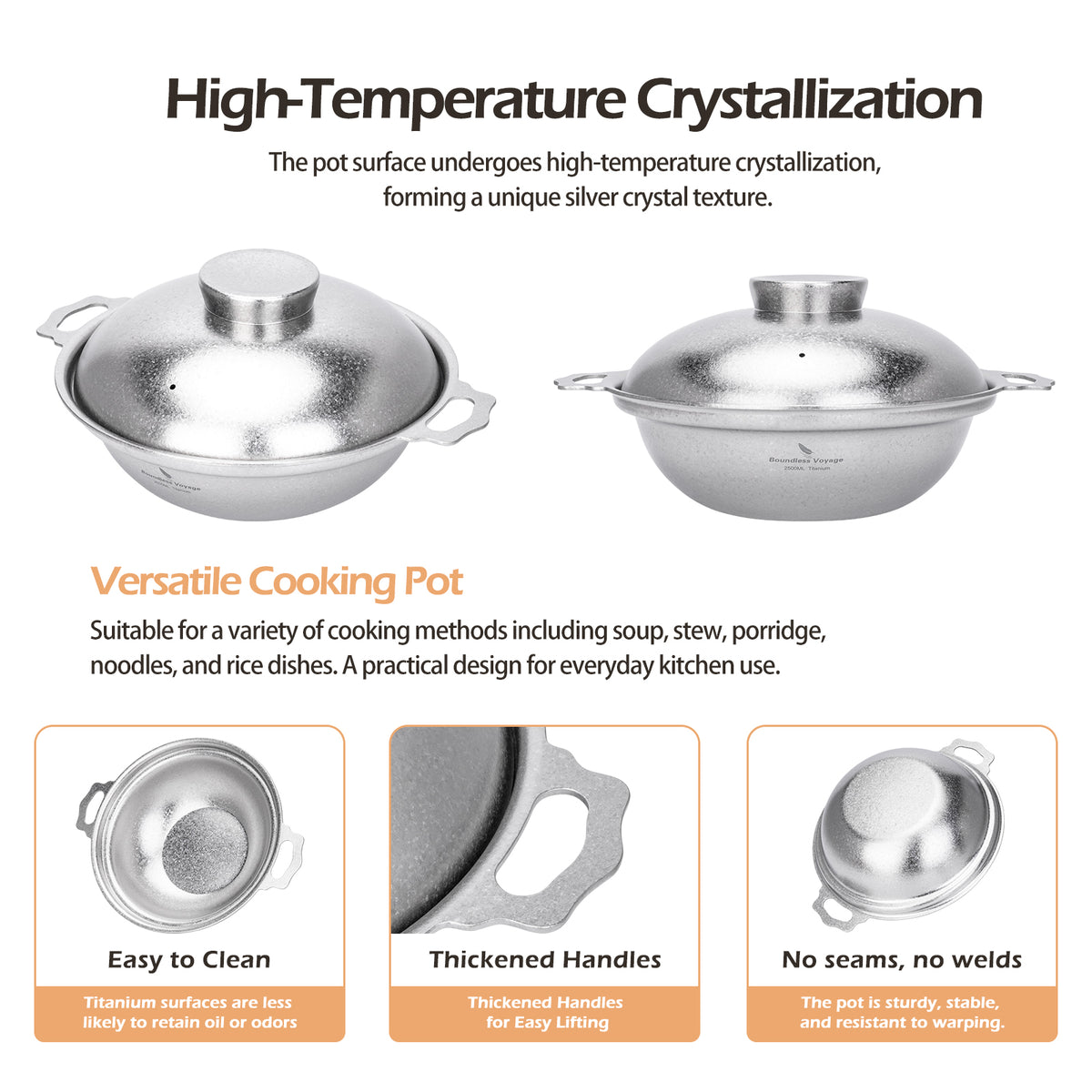 Crystalline finish details, seamless bottom, and thickened side handles of titanium pot
