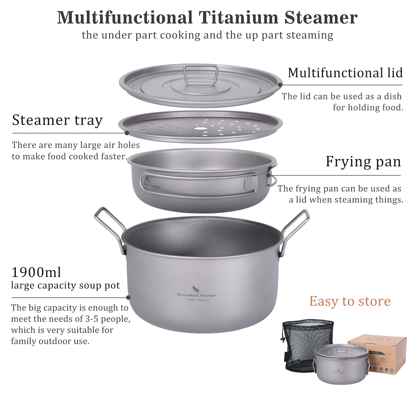 Boundless Voyage Multifunctional Titanium Cookware Set, 1900ml Soup Stockpot + 900ml Frying Pan with Lid & Tea Tray, Portable Outdoor Camping Mess Kit Ti2057C