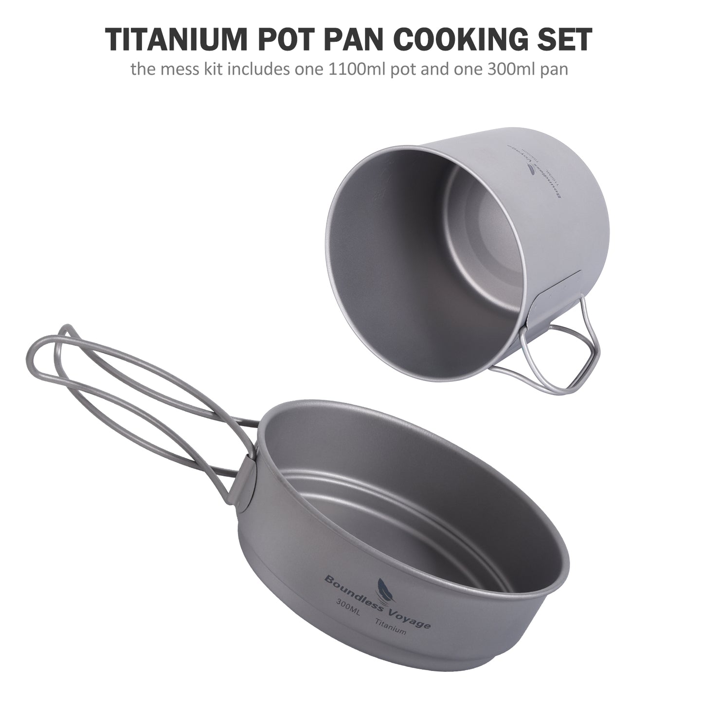 Boundless Voyage Titanium Pot & Pan Set with Folding Handle, Portable Outdoor Mess Kit Cookware for Camping Hiking Picnic Ti2053C