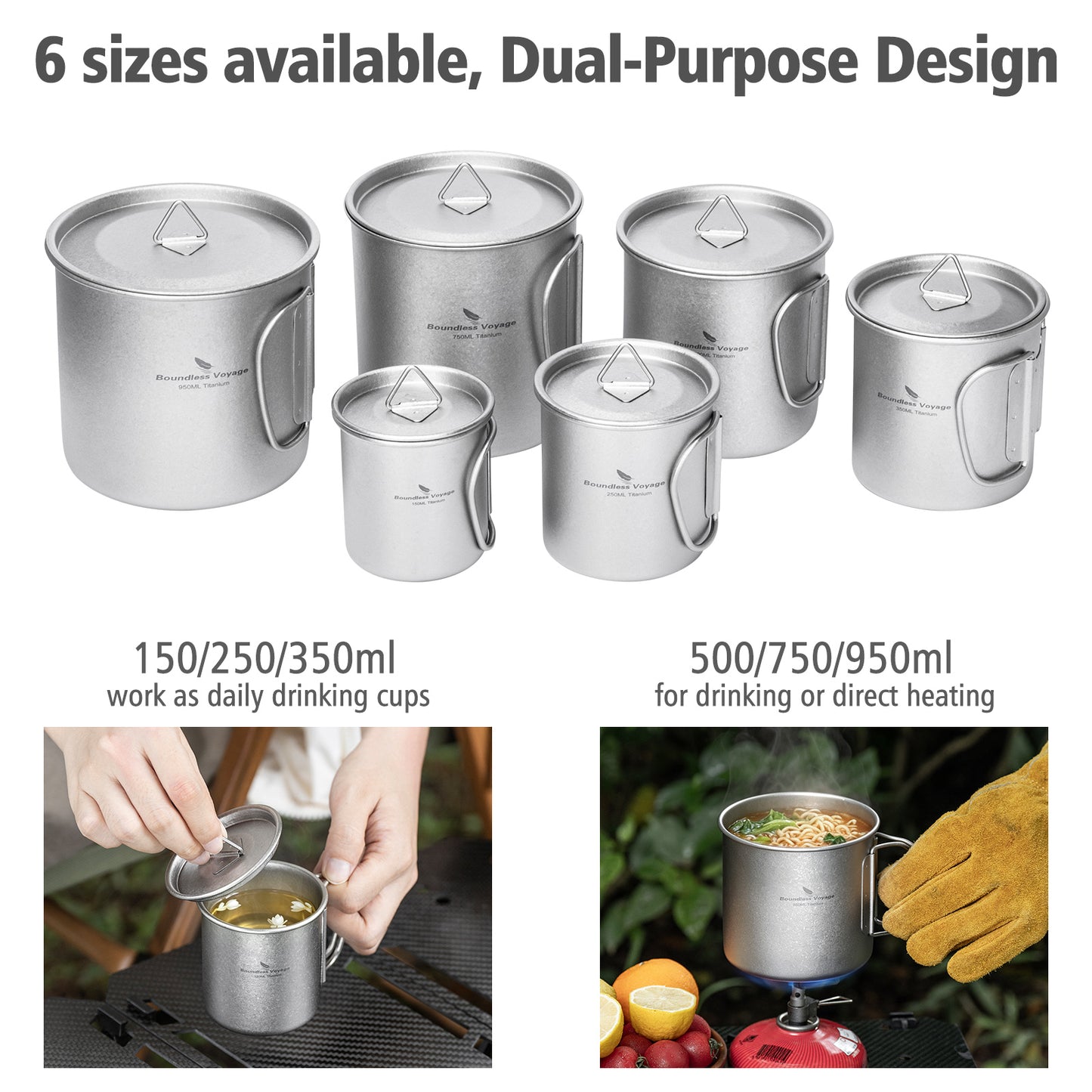 Boundless Voyage Titanium Mug with Lid Crystalline Finish 150ml to 950ml Ultralight for Camping Hiking Ti3038D Ti3043D