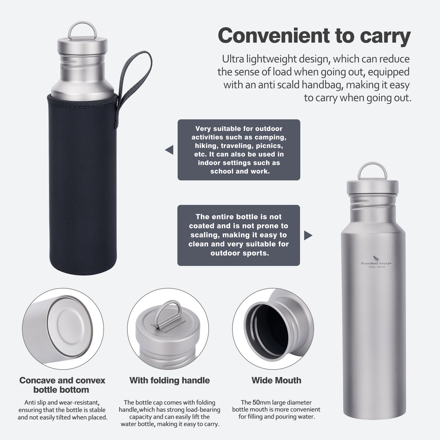 Boundless Voyage Titanium Water Bottle with Lid Reusable Sport Drinking Bottle for Camping Hiking Picnic Climbing Running Tea Coffee