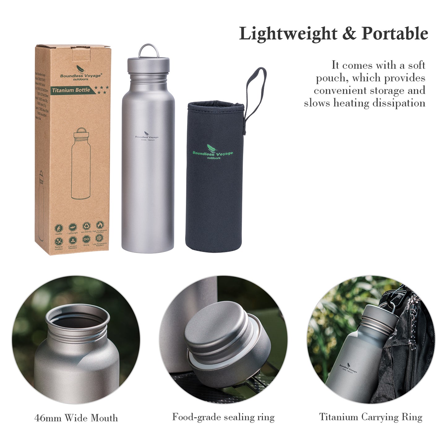 Boundless Voyage Titanium Sport Bottle 800ml with Leakproof Lid & Hook Camping Cycling Drinking Wide Mouth Single Layer Bottle Outdoor Travel Water Flask Pot Ultra-light 172g Ti3003D