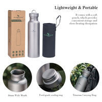 Boundless Voyage Titanium Sport Bottle 800ml with Leakproof Lid & Hook Camping Cycling Drinking Wide Mouth Single Layer Bottle Outdoor Travel Water Flask Pot Ultra-light 172g Ti3003D