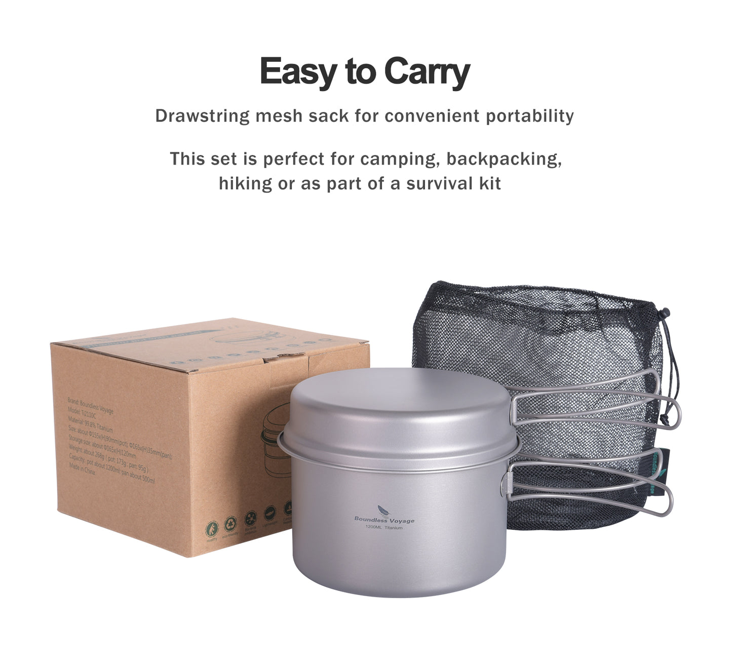 Boundless Voyage Outdoor Titanium Pot with Pan Set, Collapsible Folding Handle Portable Cookware for Camping Hiking Backpacking Cooking Ti2110C