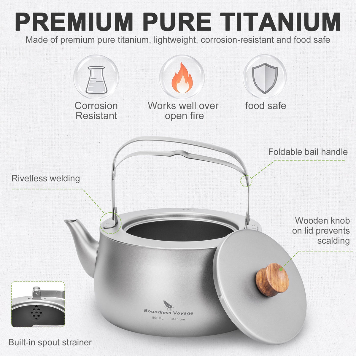 Boundless Voyage Titanium Camping Kettle 800ml with Folding Handle for Outdoor Camping Ti3130D