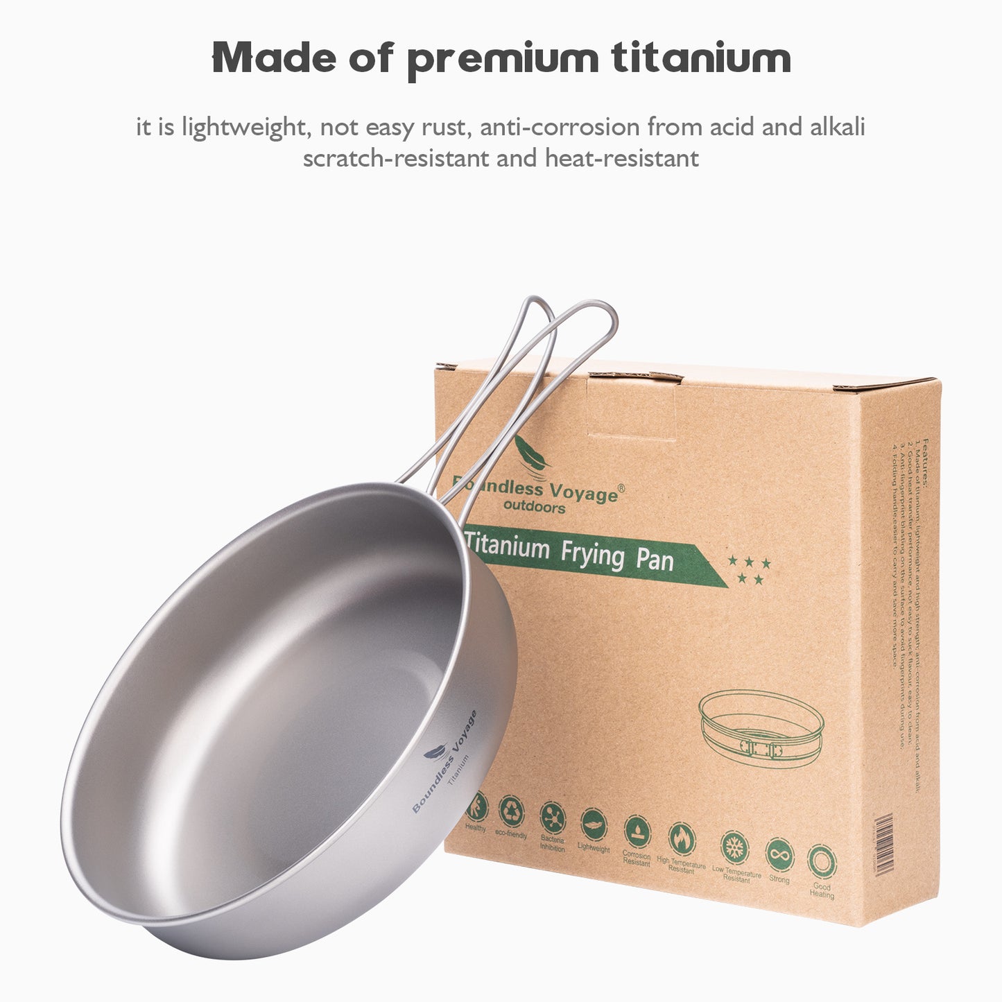 Boundless Voyage 18cm Pure Titanium Frying Pan with Foldable Handle, Ultralight Outdoor Camping Skillet for Solo Hiking & Picnic Ti2063C