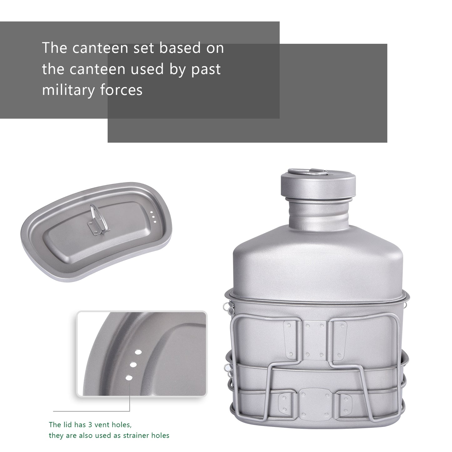 Boundless Voyage Titanium Military Canteen Cups Set Outdoor Camping Water Bottle Bowl Kettle Cooking Set Mess Kit Ti2047C-Ti2049C