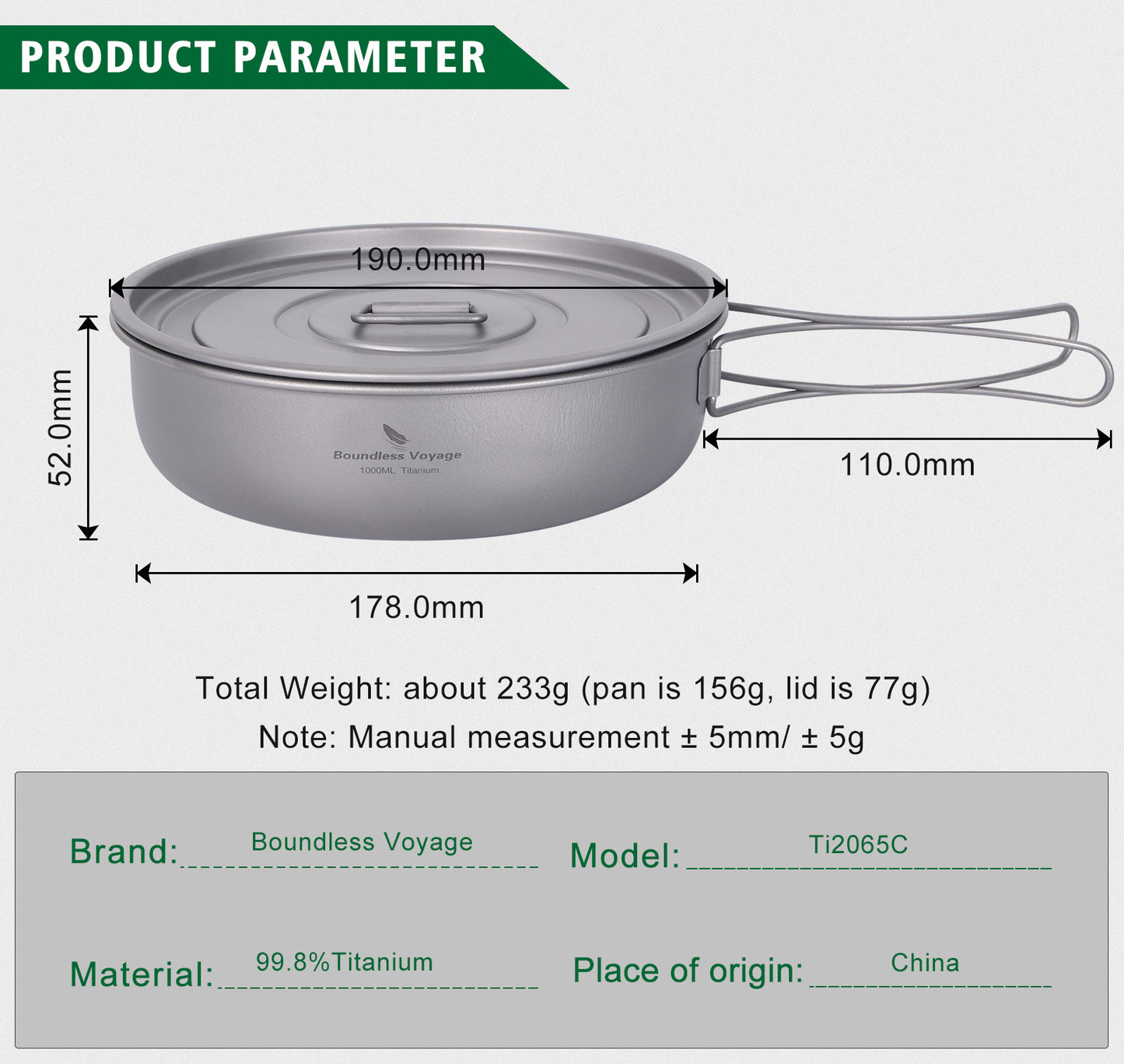 Boundless Voyage Pure Titanium Frying Pan with Lid & Foldable Handles | Ultralight Portable Griddle Cookware for Hiking & Backpacking Ti2065C