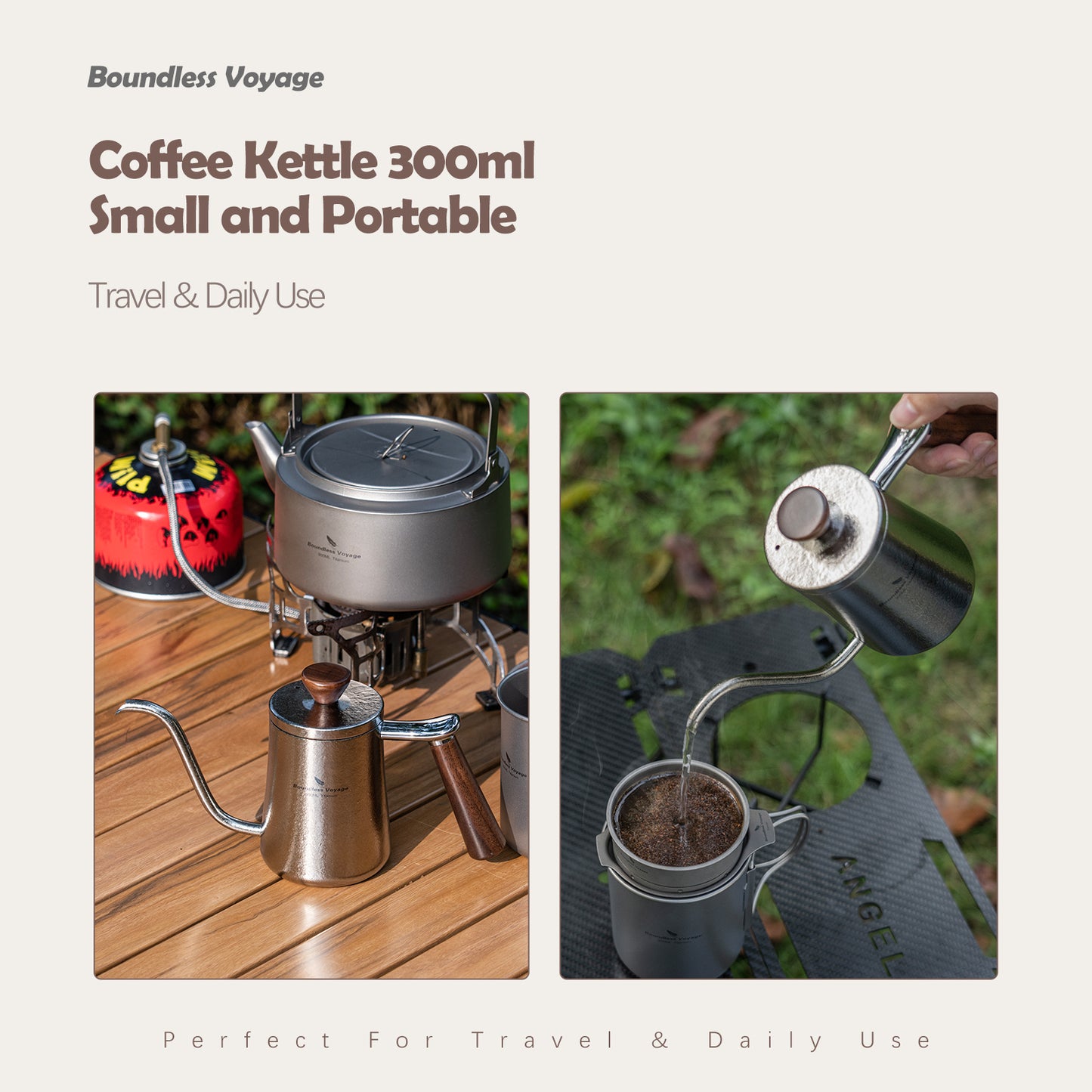 Boundless Voyage 300ml Titanium Pour Over Coffee Kettle with Wood Handle, Precision Gooseneck Spout Mini Coffee Tea Pot, Ultralight Portable Brew Gear for Home Barista, Office, Camping & Hiking Travel Ti3091D