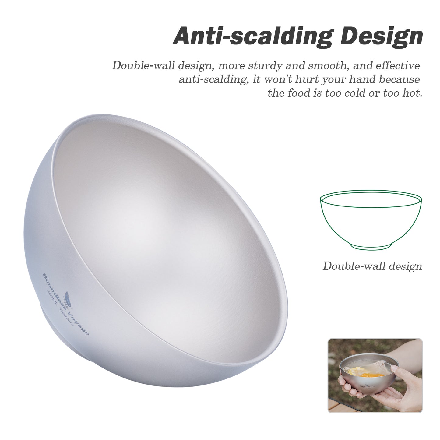 Boundless Voyage 260ml Titanium Double-Wall Bowl, Ultralight Anti-Scald Camping Bowl for Hiking Outdoor Home Ti1081T