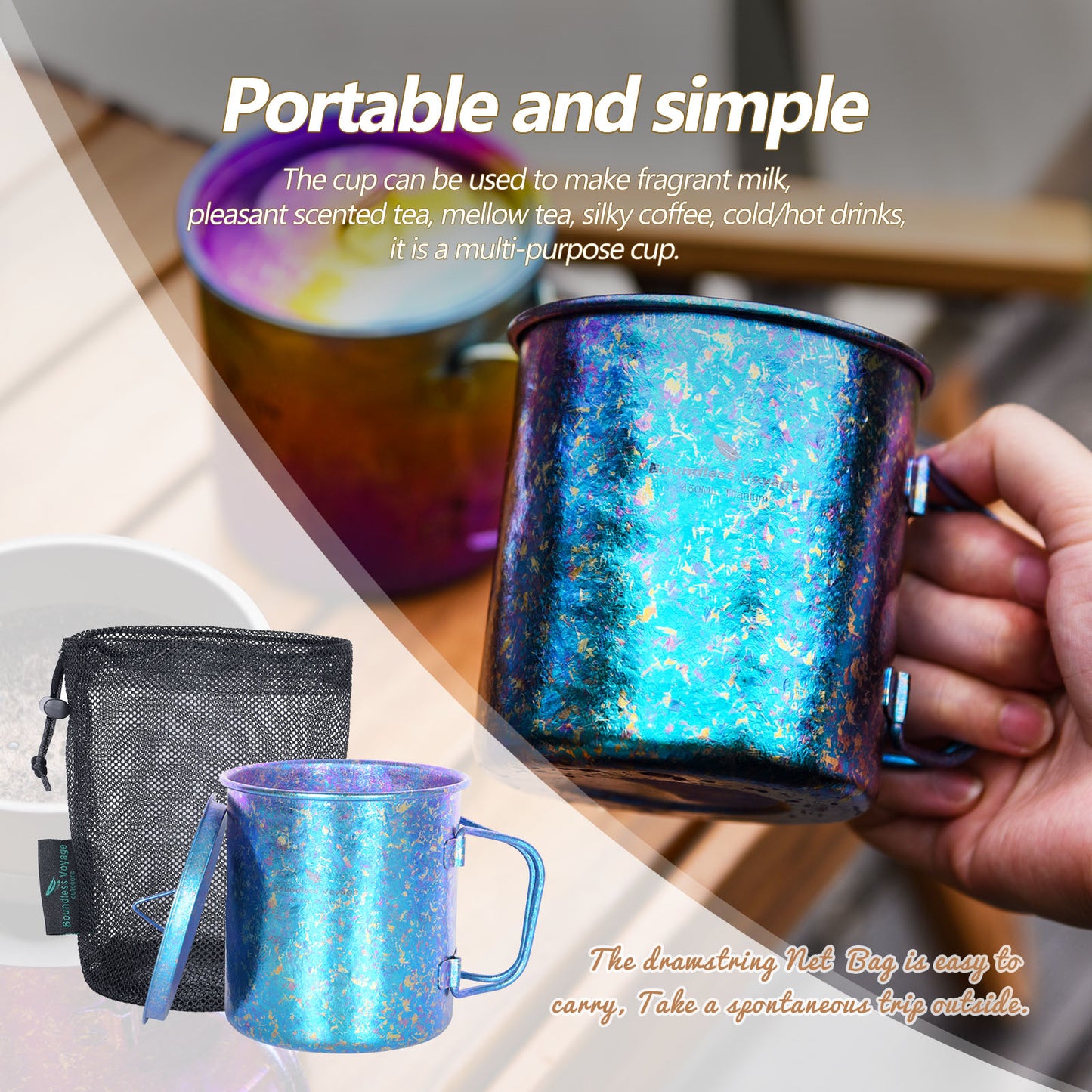Boundless Voyage 450ml / 15oz Ultralight Titanium Camping Cup with Lid, Portable Drinking Mug for Hiking, Garden & Outdoor Travel Ti3055D