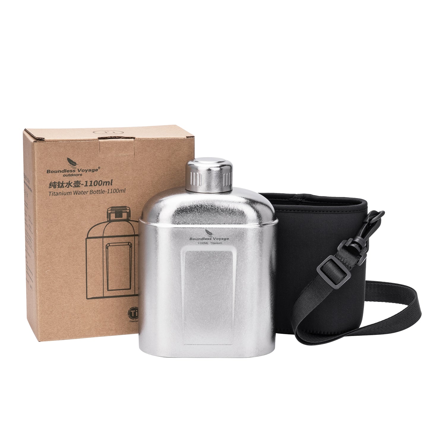 Boundless Voyage 1100ml TA1 Pure Titanium Canteen Bottle | Single Layer Open Flame Heatable Water Flask, Leakproof Double Wall Lid Military Outdoor Bottle with Crossbody Sleeve Ti3012D