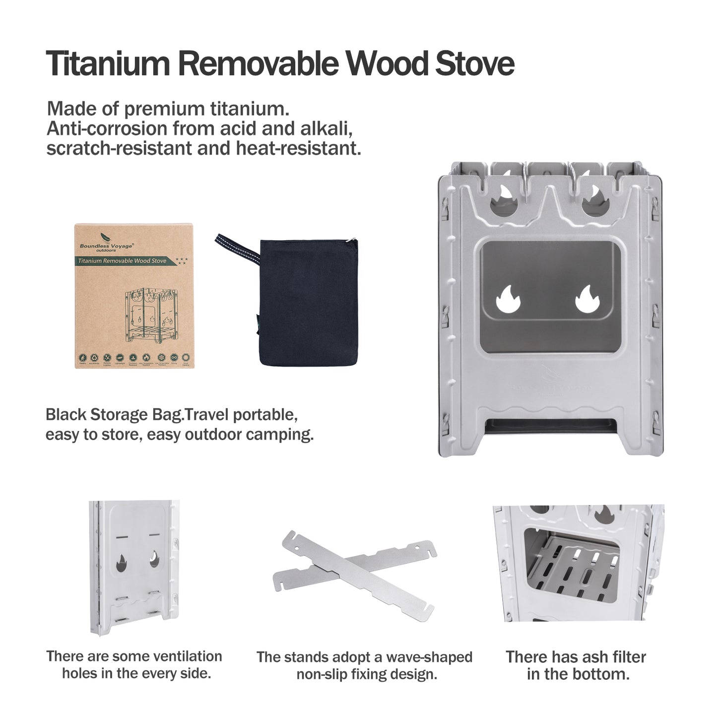 Boundless Voyage Detachable Titanium Wood Stove | Ultralight Thickened Charcoal Burner with Removable Pot Holder, Portable Outdoor Camping Furnace  Ti2008C