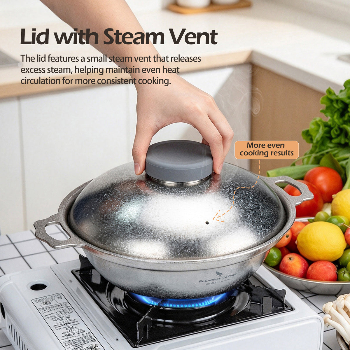 Steam vent lid releasing excess cooking pressure for even heat circulation
