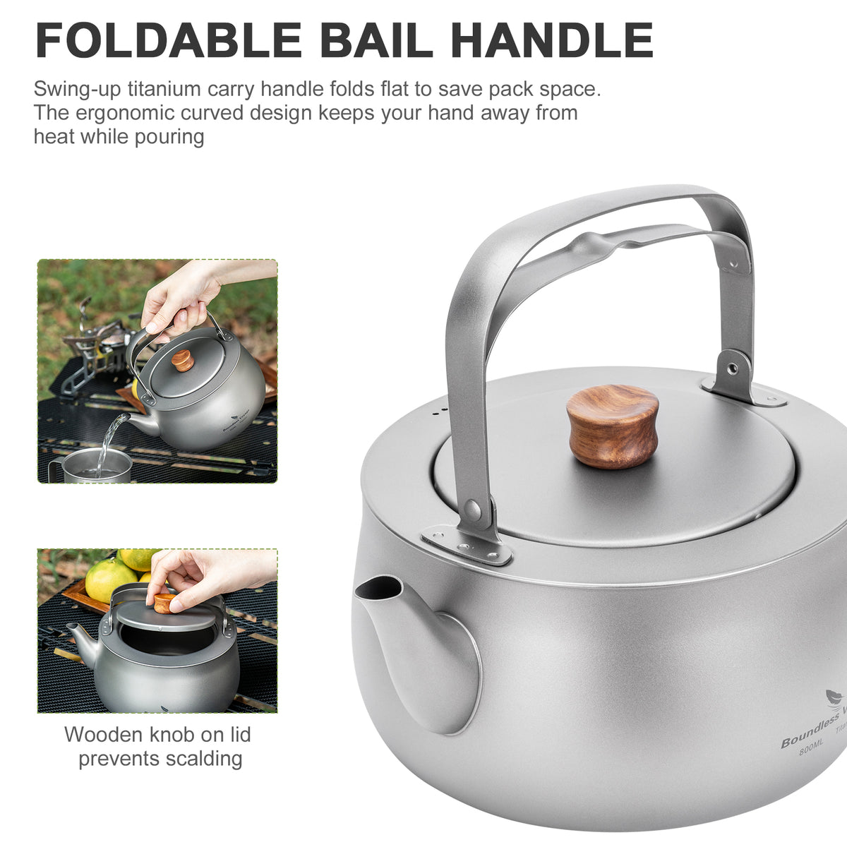 Boundless Voyage Titanium Camping Kettle 800ml with Folding Handle for Outdoor Camping Ti3130D
