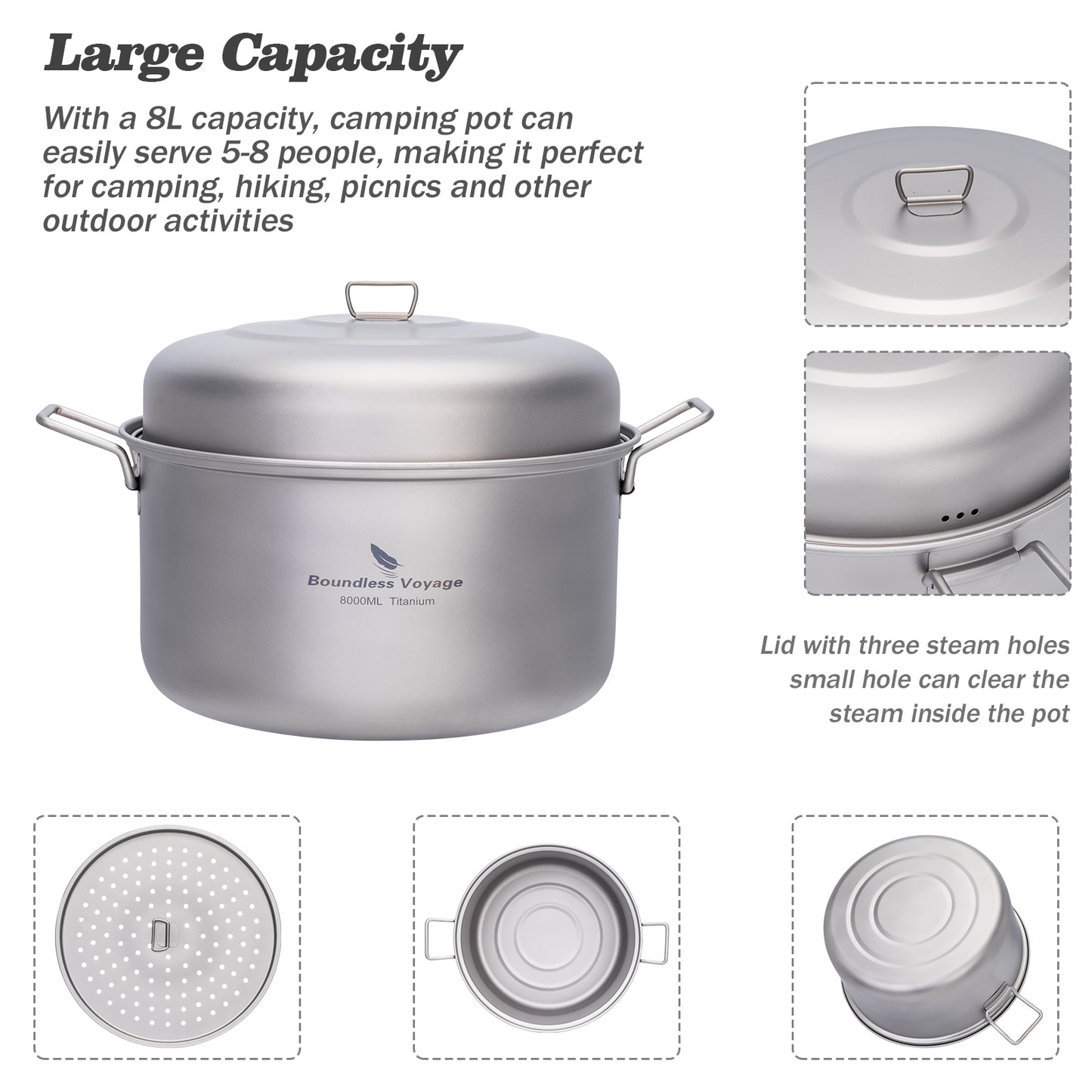 Boundless Voyage Titanium Steamer & Soup Hanging Pot, Lightweight Portable Cookware Kit for Outdoor Camping Hiking Picnic Travel & Household Kitchen Ti2115C