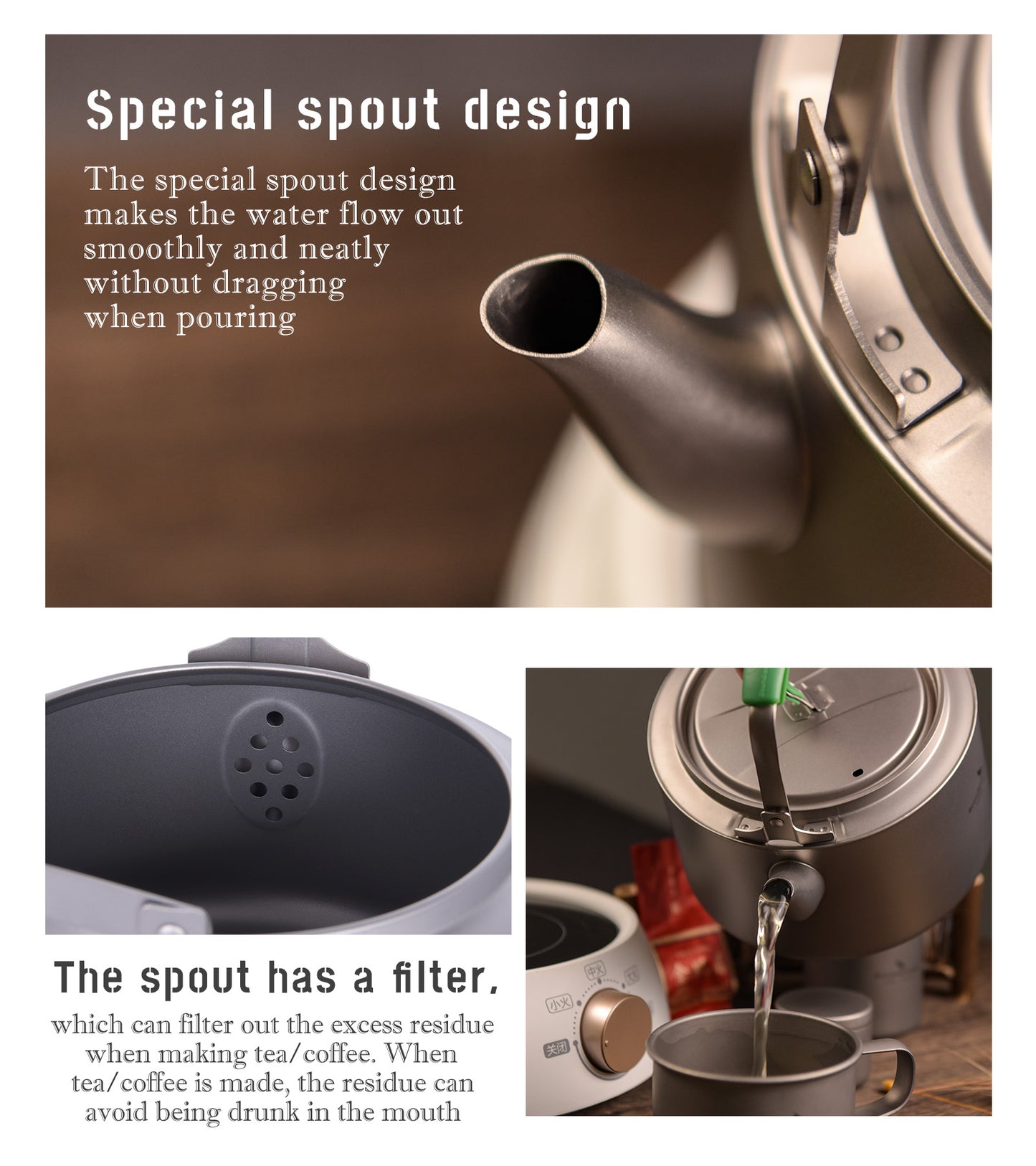 Boundless Voyage 800ml / 1200ml Single-Layer Pure Titanium Kettle with Foldable Handle & Filter, Large Capacity Camping Teapot Ti3101D/Ti3102D
