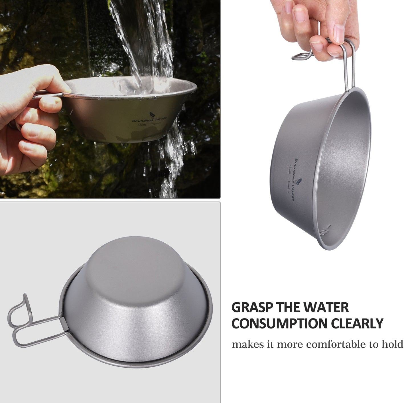 Boundless Voyage Sandblasted Pure Titanium Sierra Cup Bowl with Handle 300ml / 450ml | Portable Outdoor Mug Cookware Tableware for Camping & Hiking Ti1090T-Ti1092T