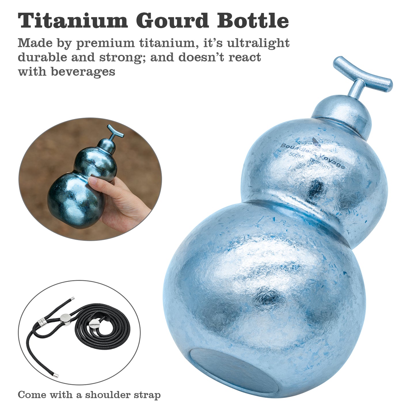 Boundless Voyage Titanium Crystallized Gourd Bottle 500ml Whiskey Alcohol Drink ware for Outdoor Camping Hiking Ti3270D