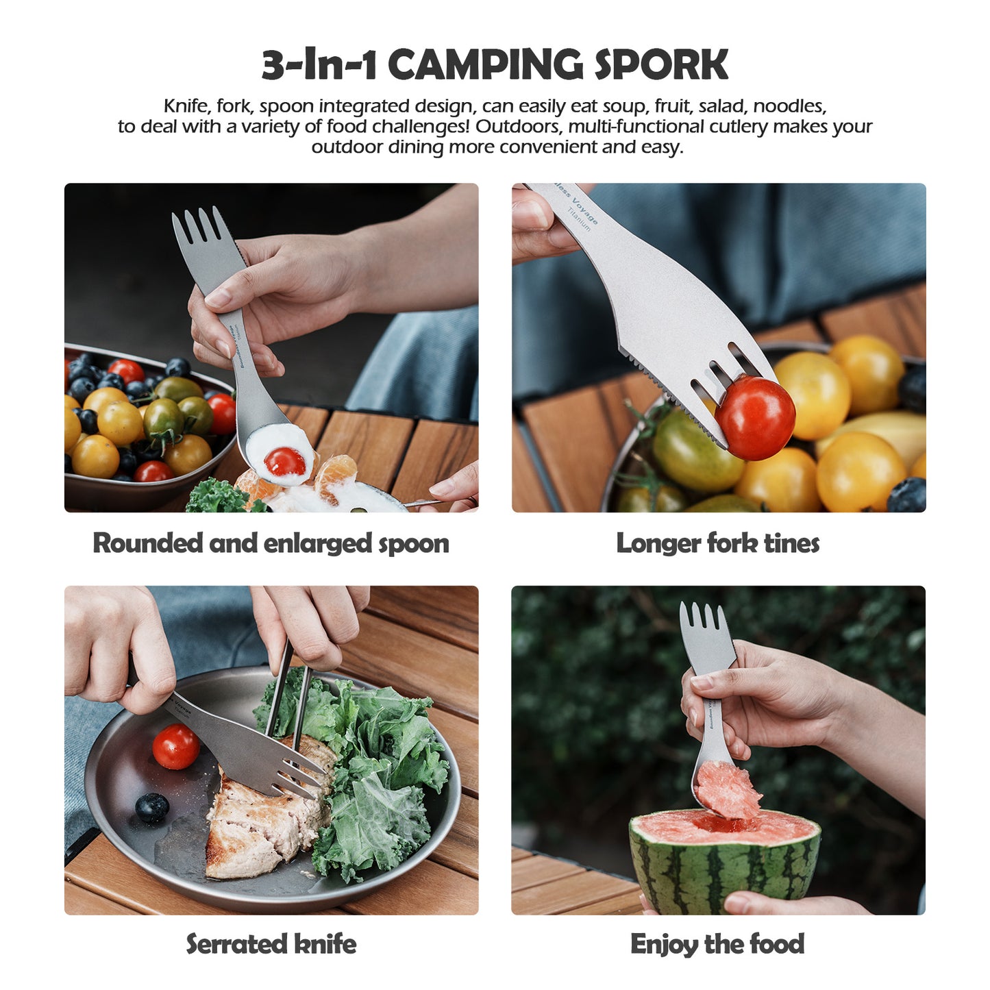 Boundless Voyage Titanium Spork 3-in-1 Fork, Spoon, Knife Cutlery Combo Ultra Lightweight Camping Utensil Ti1064T