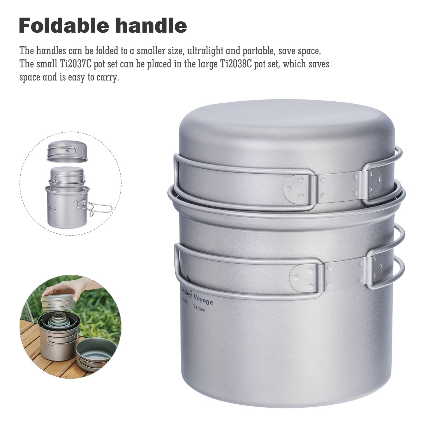 Boundless Voyage Outdoor Titanium Pot with Pan Set with Collapsible Folding Handle for Outdoor Camping Cooking Hiking Backpacking Portable Cookware Ti2037C-Ti2039C