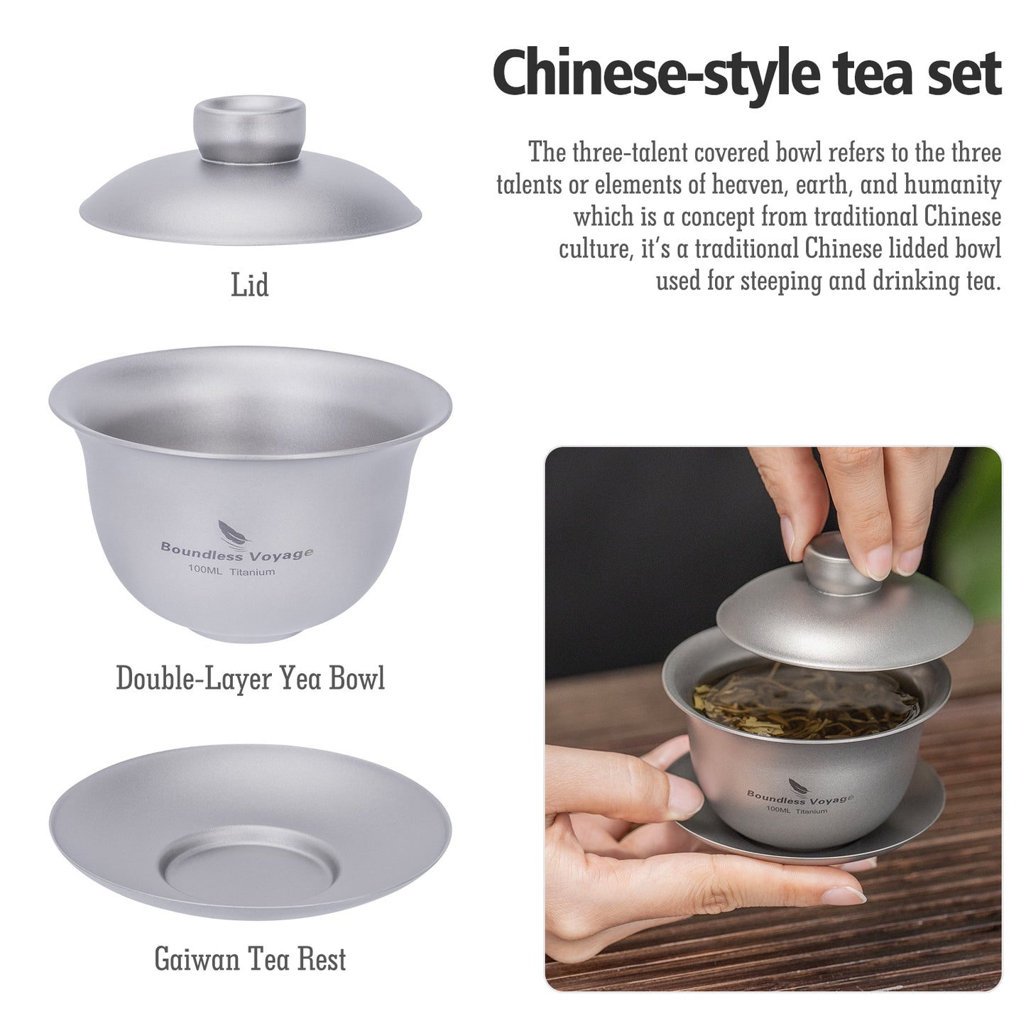 Boundless Voyage 100ml Titanium Double-Walled Gaiwan, Traditional Chinese Three-Talent Triad Covered Tea Bowl, Anti-Scald Kung Fu Tea Set for Home Tea Brewing Ti3143D
