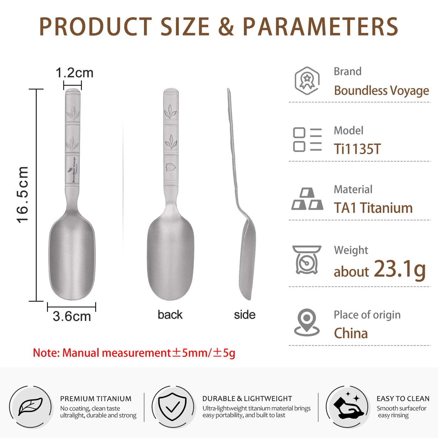 Boundless Voyage Titanium Tea Scoop, Lightweight Coffee Scoop for Camping Travel Home Outdoor Tableware with Carry Bag , Dishwasher Safe Ti1135T
