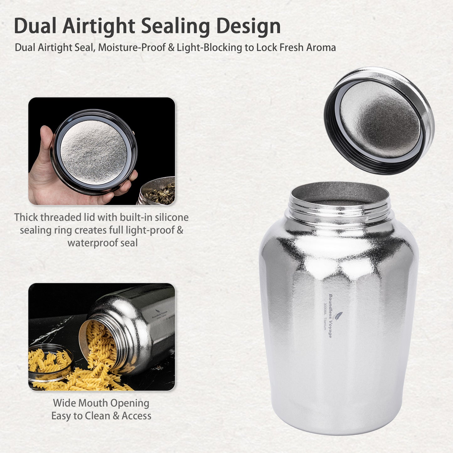 Boundless Voyage 3000ML Pure Titanium Airtight Storage Canister, Large Capacity Sealed Tea Coffee Container, Lightweight Food Storage Jar for Grains Nuts, Home & Camping Use Ti3212A