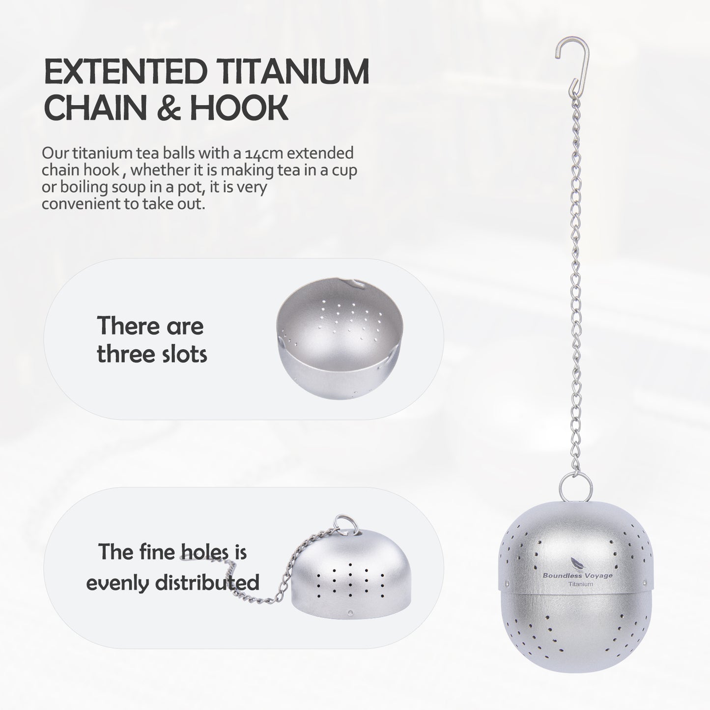 Boundless Voyage Titanium Tea Ball infuser for Loose Tea Spices with Extended Chain Lightweight Tea Bag Filter Mesh Tea Strainer Mug Teapot Home Kitchen Tools Teaware Ti3207D