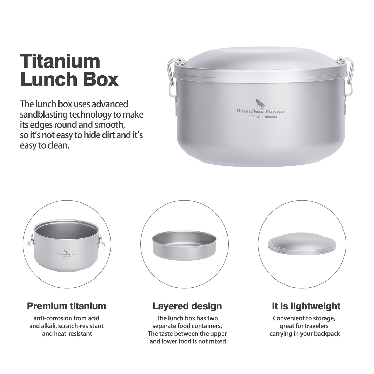 Boundless Voyage Outdoor Titanium Lunch Box Salad Soup Bowl with Lid Daily Separated Multi-layer Office Worker Bento Box Uncoated Ti1095T