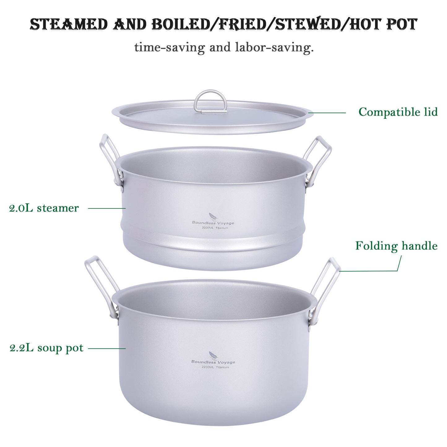 Boundless Voyage Titanium Soup Pot & Steamer Set 2.2L, Foldable Handle Camping Cookware for Hiking Kitchen Ti2111C
