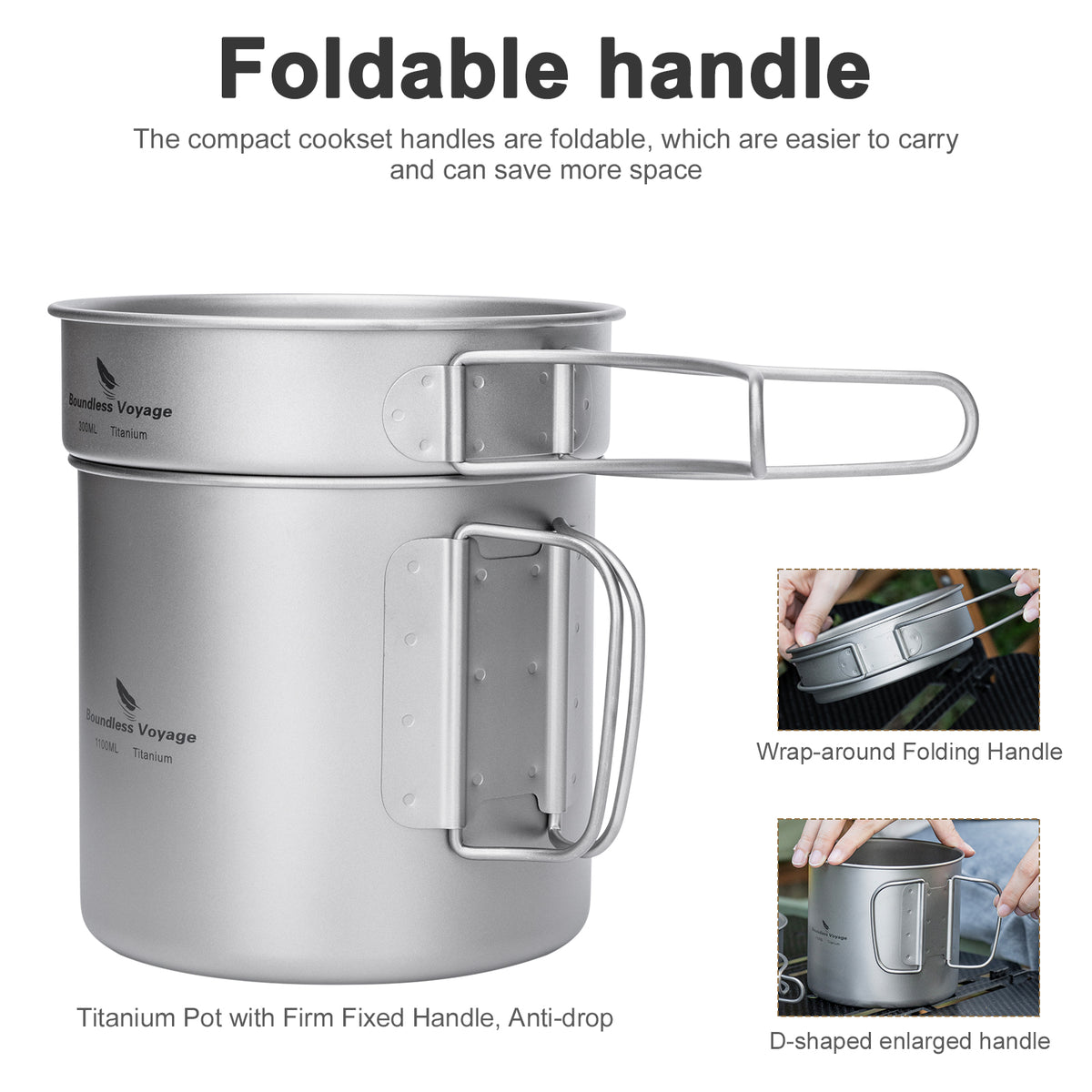 Ti2053C titanium pot with folding handle extended, side view