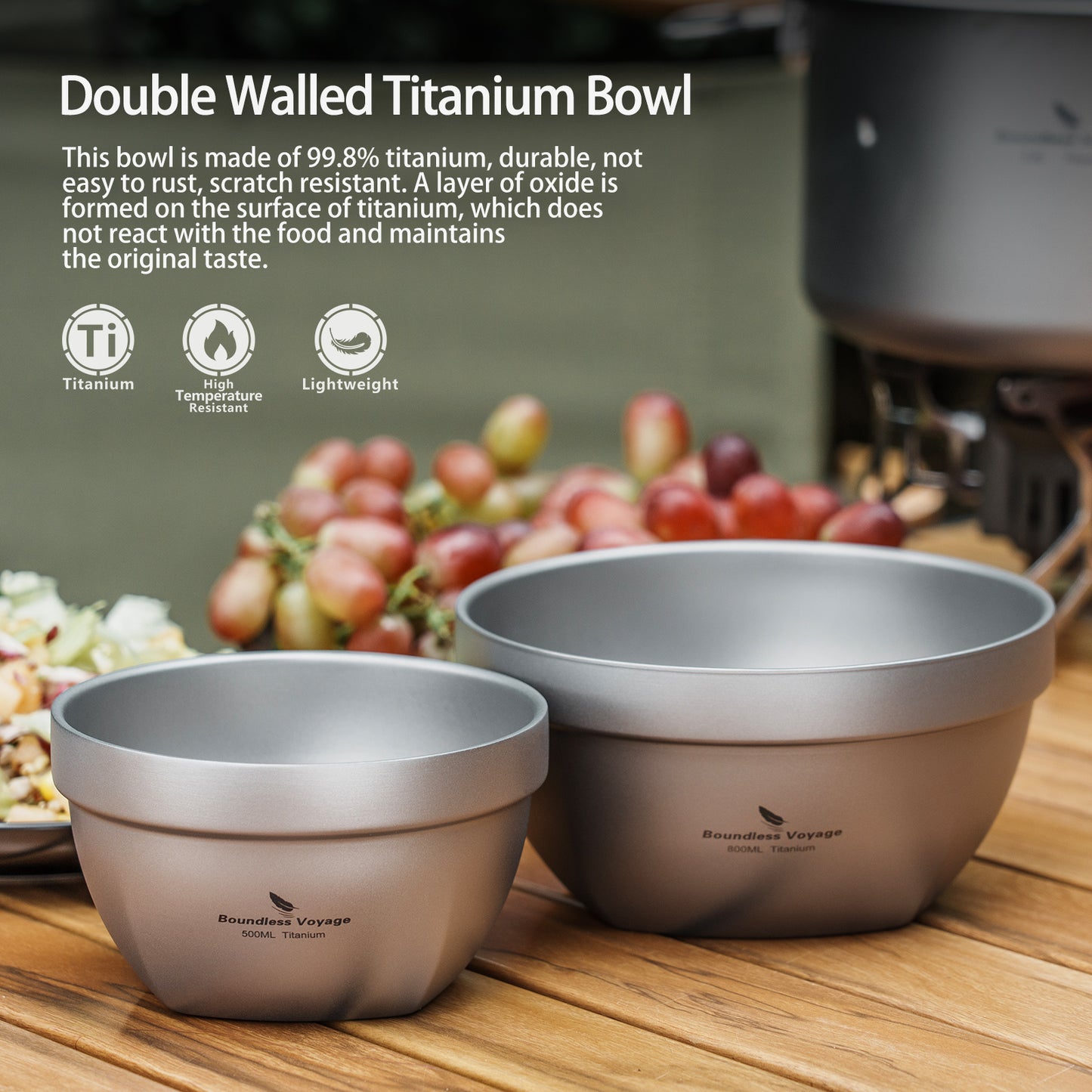 Boundless Voyage Sandblasted Double Walled Pure Titanium Bowl 500ml / 800ml | Ultralight Portable Metal Tableware for Oatmeal, Rice, Soup, Outdoor Camping & Daily Home Use Ti1161T-Ti1163T
