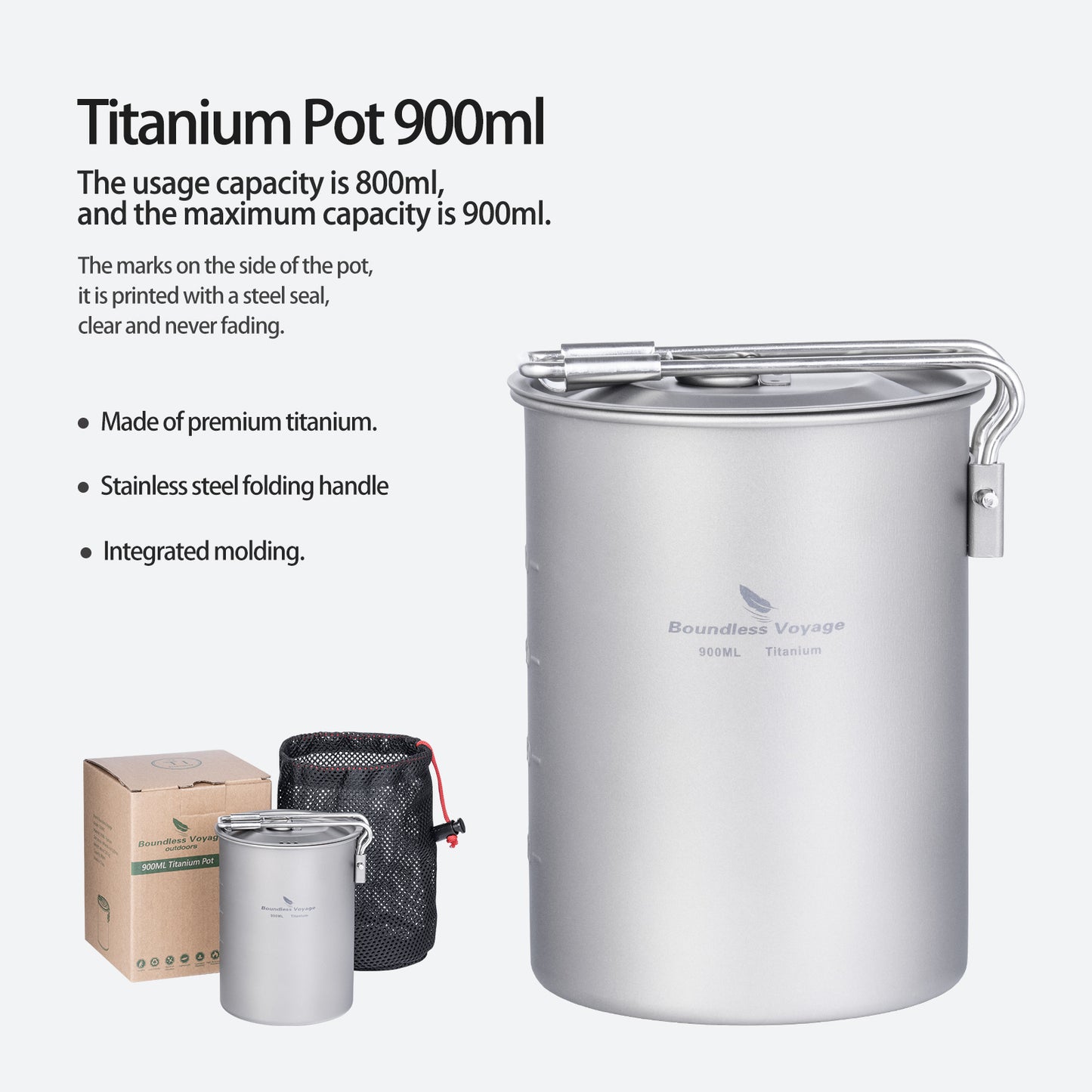Boundless Voyage Outdoor Camping Titanium Pot Bowl Cup with Lid Folding Handle Hiking Picnic Water Rice Food 900ml Ti2040C